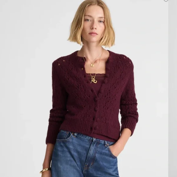 Madewell Pointelle-Stitch Cardigan Cotton Blend in Dark Pomegranate Size Medium - Picture 2 of 10